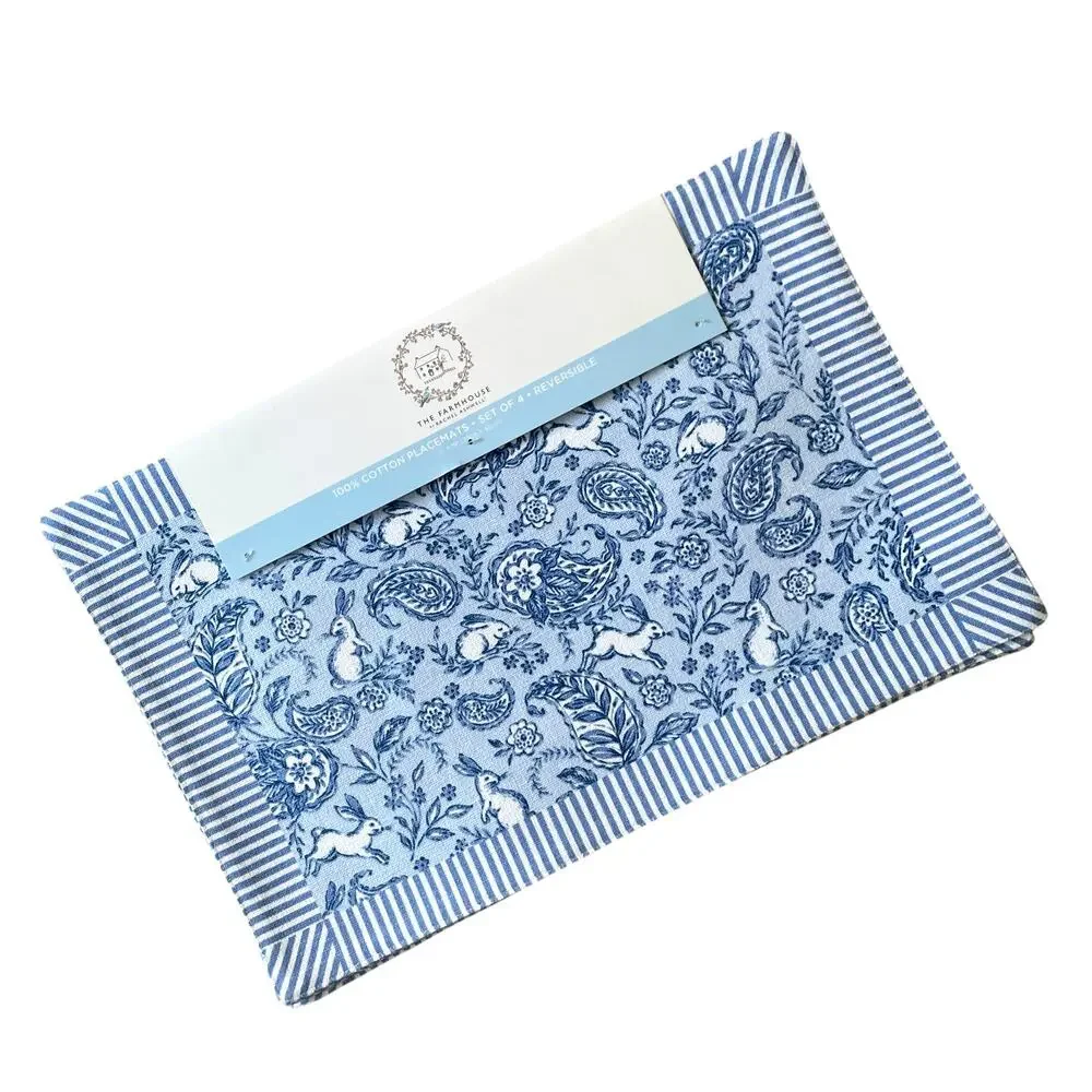 Rachel Ashwell Farmhouse Bunny Paisley Reversible Placemats 13x19 Blue White New